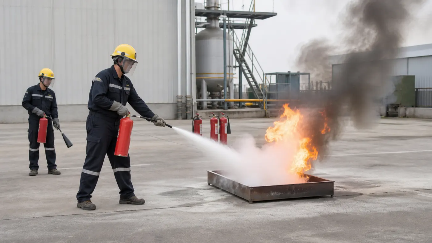 Thao tác phun bình bột và cầm loa CO2 an toàn